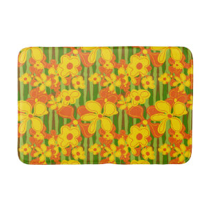 Retro 1970's Bright Bold Orange Yellow Flowers Bath Mat