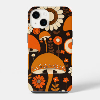 Retro 1970s Brown & Orange Mushrooms & Flowers iPhone 14 Case