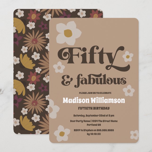Retro 1970s Floral 50 & Fabulous Birthday  Invitat Invitation (Front/Back)