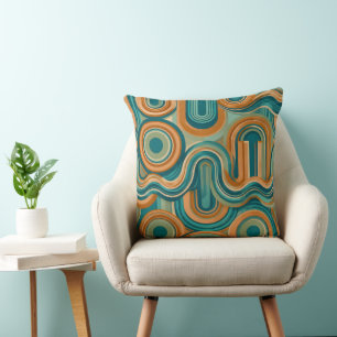 Retro 1970s Geometric Wave Pattern in Teal & Amber Cushion