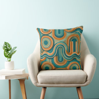 Retro 1970s Geometric Wave Pattern in Teal & Amber Cushion