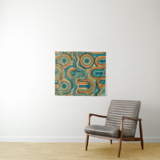 Retro 1970s Geometric Wave Pattern in Teal & Amber Tapestry