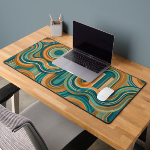Retro 1970s Geometric Wave Pattern in Teal and Amb Desk Mat