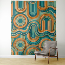Retro 1970s Geometric Wave Pattern in Teal and Amb