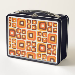 Retro 1970s Mid Century Orange and Brown Geometric Metal Lunch Box