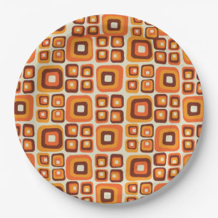 Retro 1970s Mid Century Orange and Brown Geometric Paper Plate