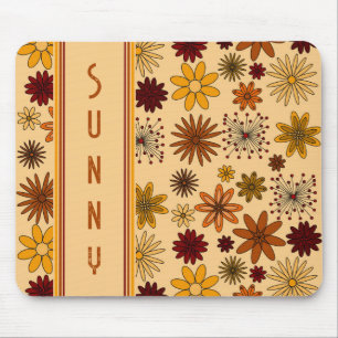 Retro 1970s Mustard Yellow Orange Burgundy Flower Mouse Mat