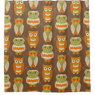 Retro 1970s Orange, Green Owls on Brown Patterned Shower Curtain