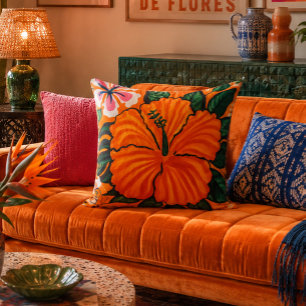 Retro 1970s Orange Hibiscus Painting Cushion