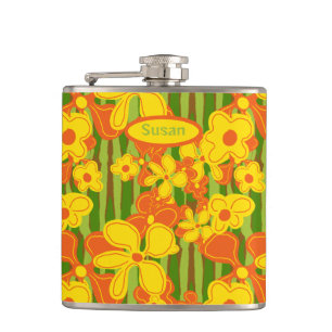 Retro 1970s Orange Yellow Flowers Hip Flask