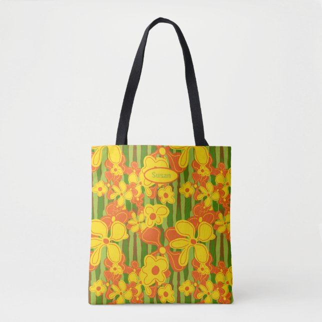 Retro 1970s Orange Yellow Flowers Tote Bag (Front)