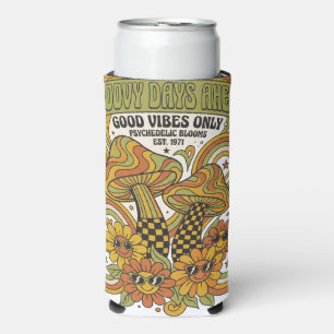 Retro 1970s Psychedelic Design with Mushrooms Seltzer Can Cooler