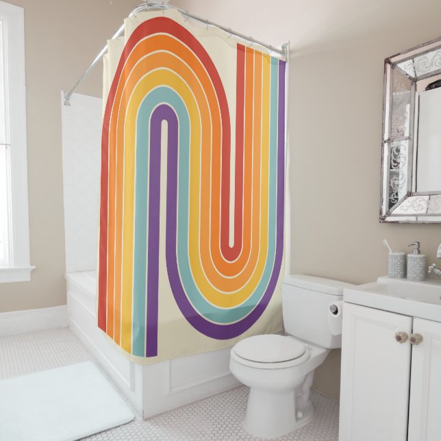 Retro 1970s Style Arched Stripes Geometric Pattern Shower Curtain (In Situ)