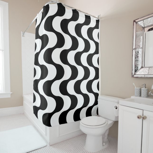 Retro 1970s Style Wavy Op-Art Stripe Pattern Shower Curtain (In Situ)