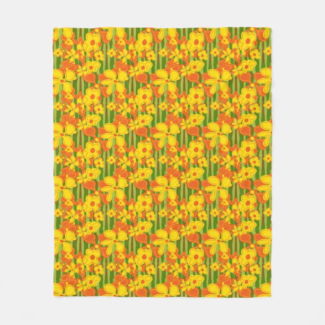 Retro 1970s Yellow Orange Flowers Fleece Blanket (Front)
