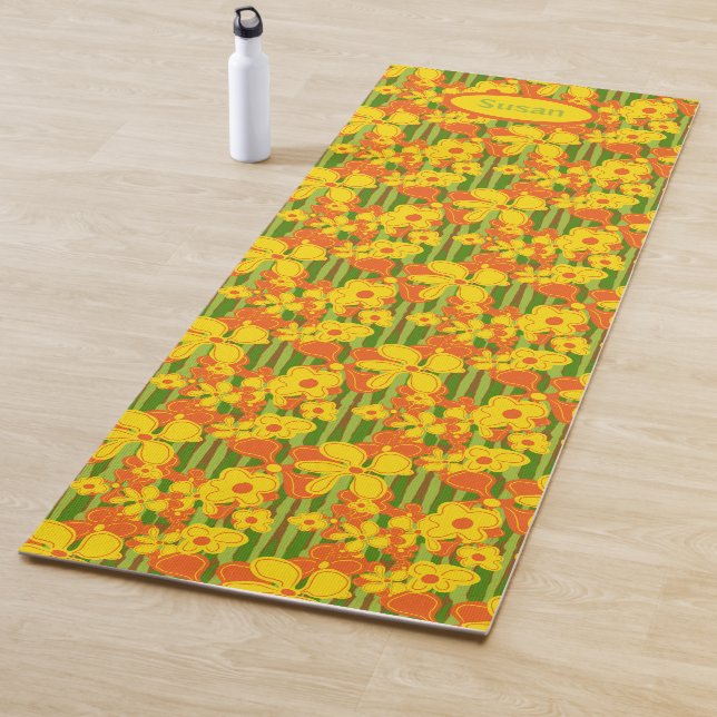 Retro 1970s Yellow Orange Flowers Yoga Mat (In Situ)