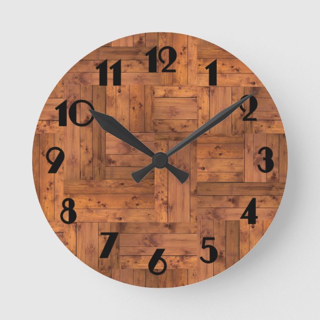 Retro 1975 Authentic Wood Parquet Pattern Round Clock (Front)
