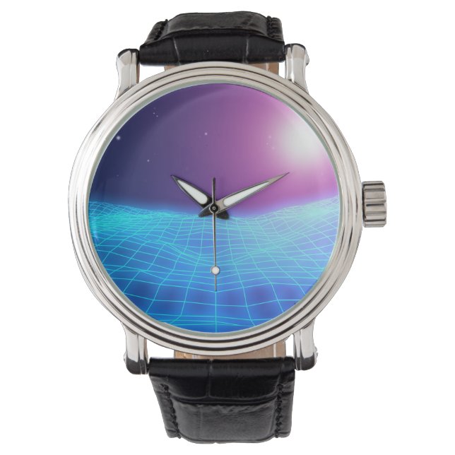 Retro 1980 synthwave glowing neon lights landscape watch (Front)