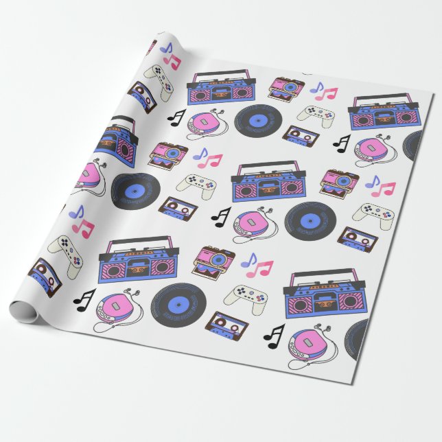 Retro 1980's Era Music Birthday Wrapping Paper (Unrolled)