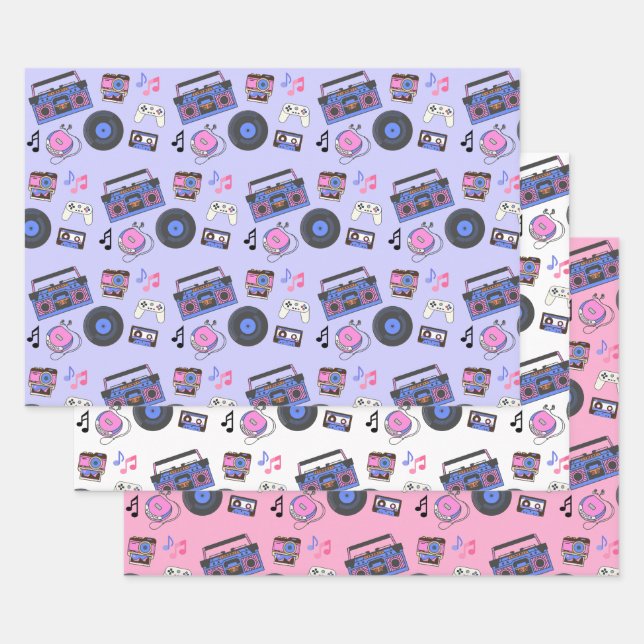 Retro 1980's Era Music Birthday Wrapping Paper Sheet (Set)