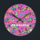 Retro 1980s Neon Pink Teal Pattern Pop Art Music Round Clock<br><div class="desc">Customisable name clock in retro 1980s and 1990s theme,  with bright and colourful vintage items such as cassette player,  Rubik's cube,  sweets,  scrunchies,  etc. in hot pink,  turquoise,  and yellow colours.</div>
