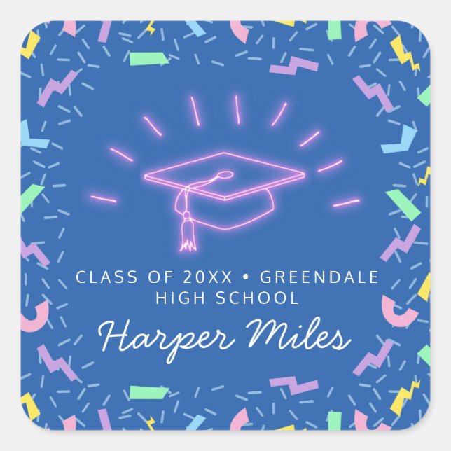 Retro 1980s pink neon graduation hat square sticker (Front)