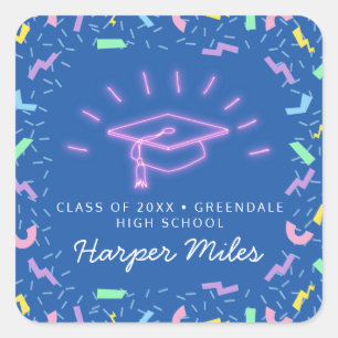 Retro 1980s pink neon graduation hat square sticker