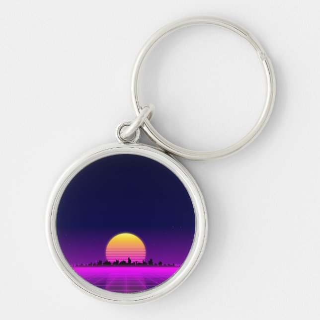 Retro 1980s synthwave glowing neon lights city key ring (Front)