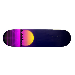 Retro 1980s synthwave glowing neon lights city skateboard