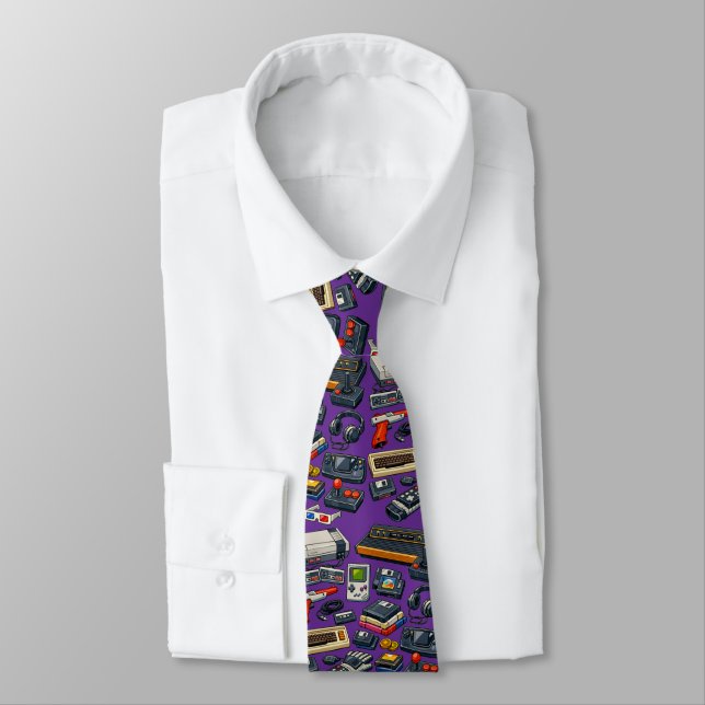 Retro 1980's Video Game Gear Pattern Tie (Tied)