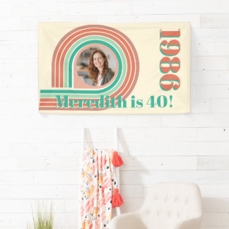 Retro 1986 40th Birthday Coral Boho Photo Stripes Banner
