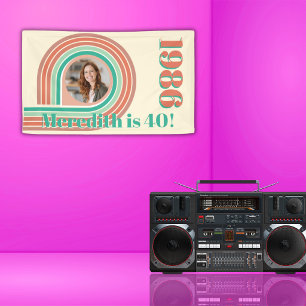 Retro 1986 40th Birthday Coral Boho Photo Stripes Banner