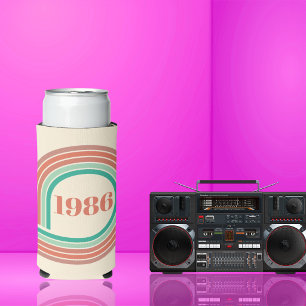 Retro 1986 40th Birthday Coral Boho Stripes Seltzer Can Cooler