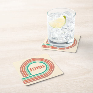 Retro 1986 40th Birthday Coral Boho Stripes Square Paper Coaster