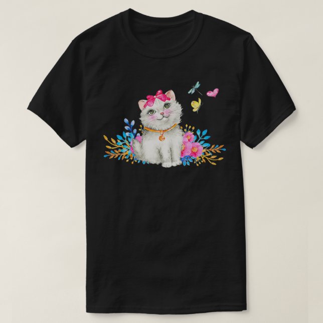 Retro 1990s Tacky Cat   Kitten and Butterflies  T-Shirt (Design Front)