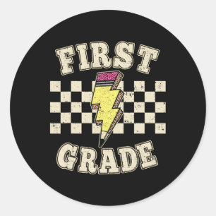 Retro 1st First Grade Teacher Lightning Bolt Penci Classic Round Sticker