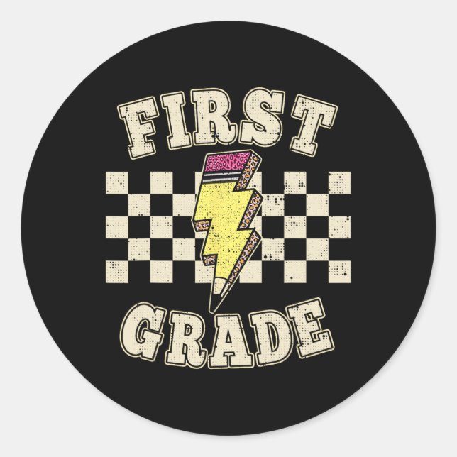 Retro 1st First Grade Teacher Lightning Bolt Penci Classic Round Sticker (Front)
