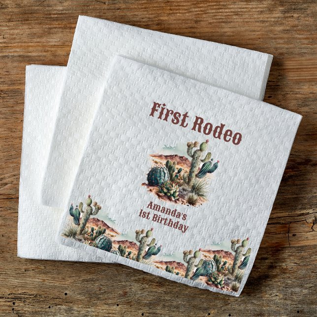 Retro 1st First Rodeo Western Cactus Birthday Napkin (Creator Uploaded)