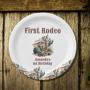 Retro 1st First Rodeo Western Cactus Birthday Paper Plate
