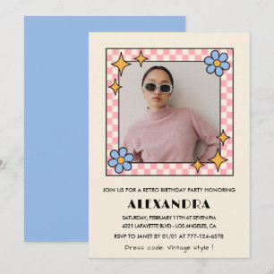 Retro 28th birthday invitation Photo Blue Floral