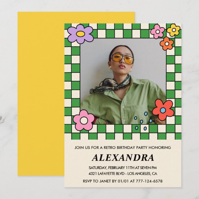 Retro 28th birthday invitations Groovy Flowers (Front/Back)