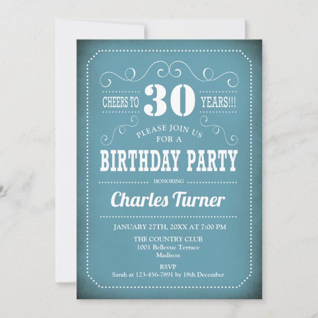 Retro 30th Birthday Party - Blue White Invitation (Front)