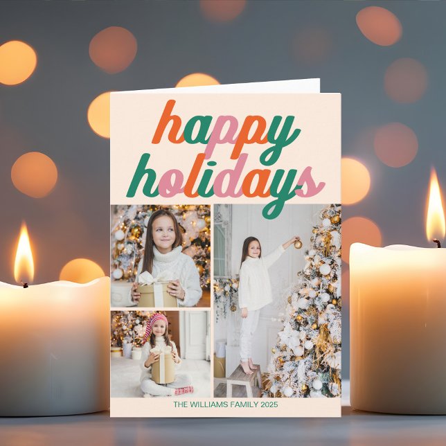 Retro 3 Photo Christmas Collage Folded Holiday Card (Creator Uploaded)