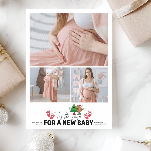 Retro 3 Photo  Tis The Season Pregnancy Announceme Holiday Card (Creator Uploaded)