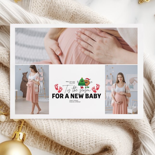 Retro 3 Photo  Tis The Season Pregnancy Announceme Holiday Card (Creator Uploaded)