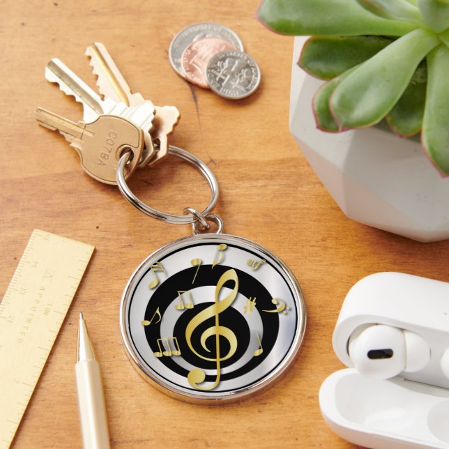 Retro 3D Effect Gold and Silver Musical Notes Key Ring (Desk)