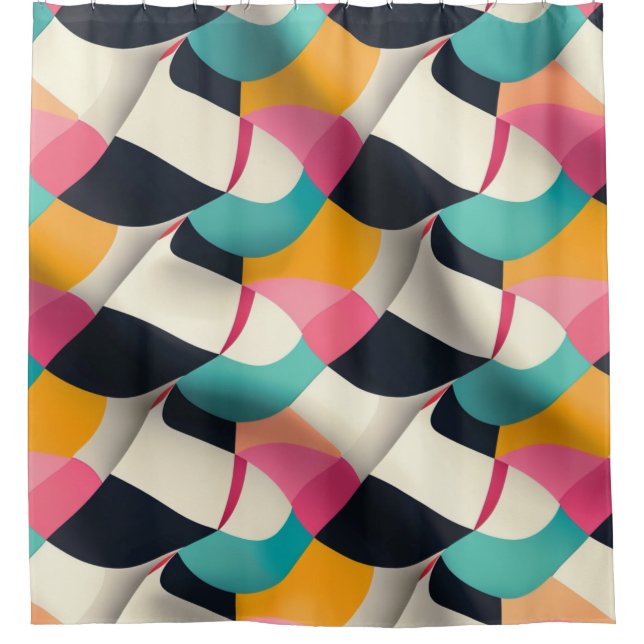 Retro 3D Geometric Pattern in Teal, Pink, Mustard Shower Curtain (Front)