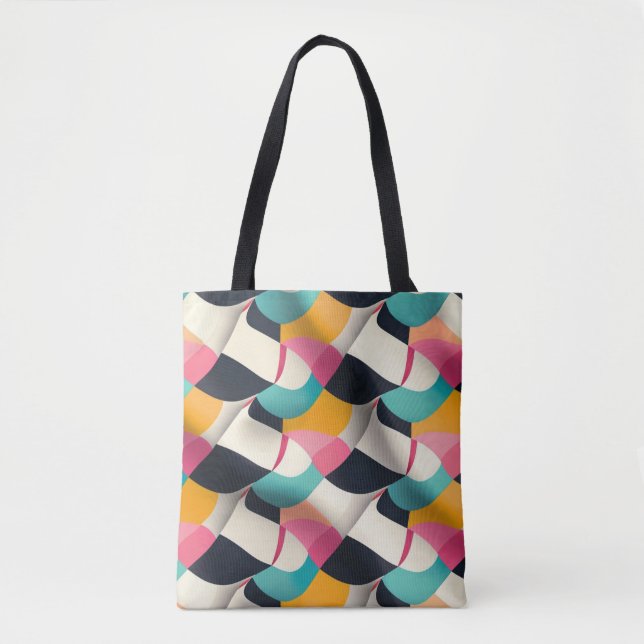 Retro 3D Geometric Pattern in Teal, Pink, Mustard Tote Bag (Front)