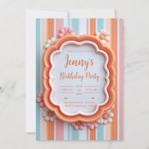 Retro 3D Gummy Flower Striped Frame Birthday Invitation