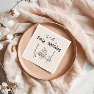 Retro 40th Hand Drawn Cake Candles Trendy Birthday Napkin